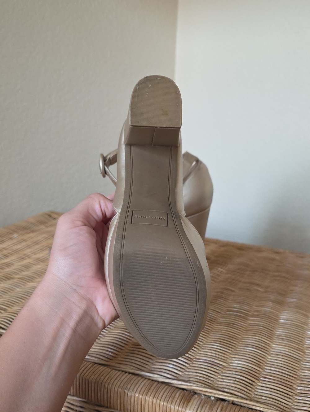 Sun + Stone Metallic Taupe Peep-Toe Platform Ankle Strap Heels - Picture 4 of 5